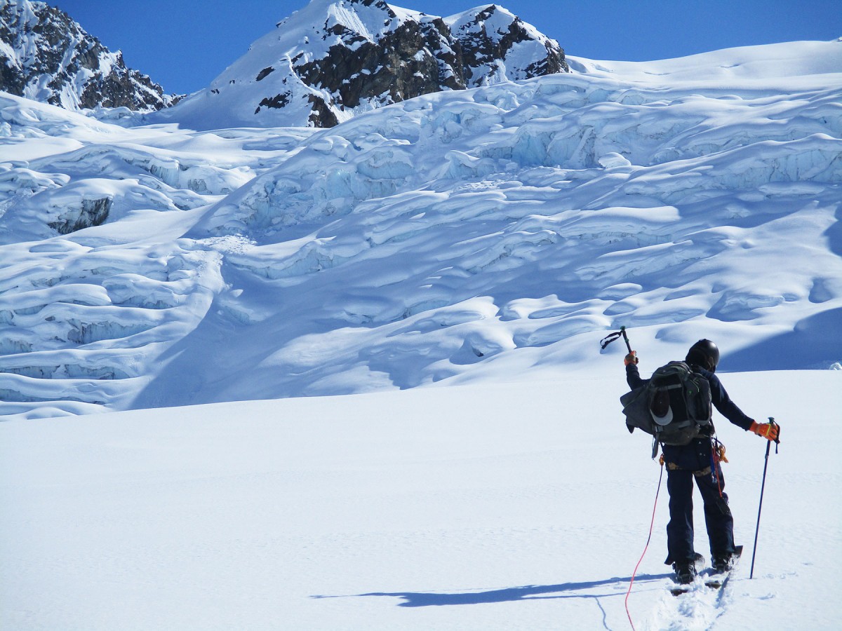 Looking as some sick backcountry pillow drops at Here He Comes, outside of Valdez, in the Chugach Mountains.