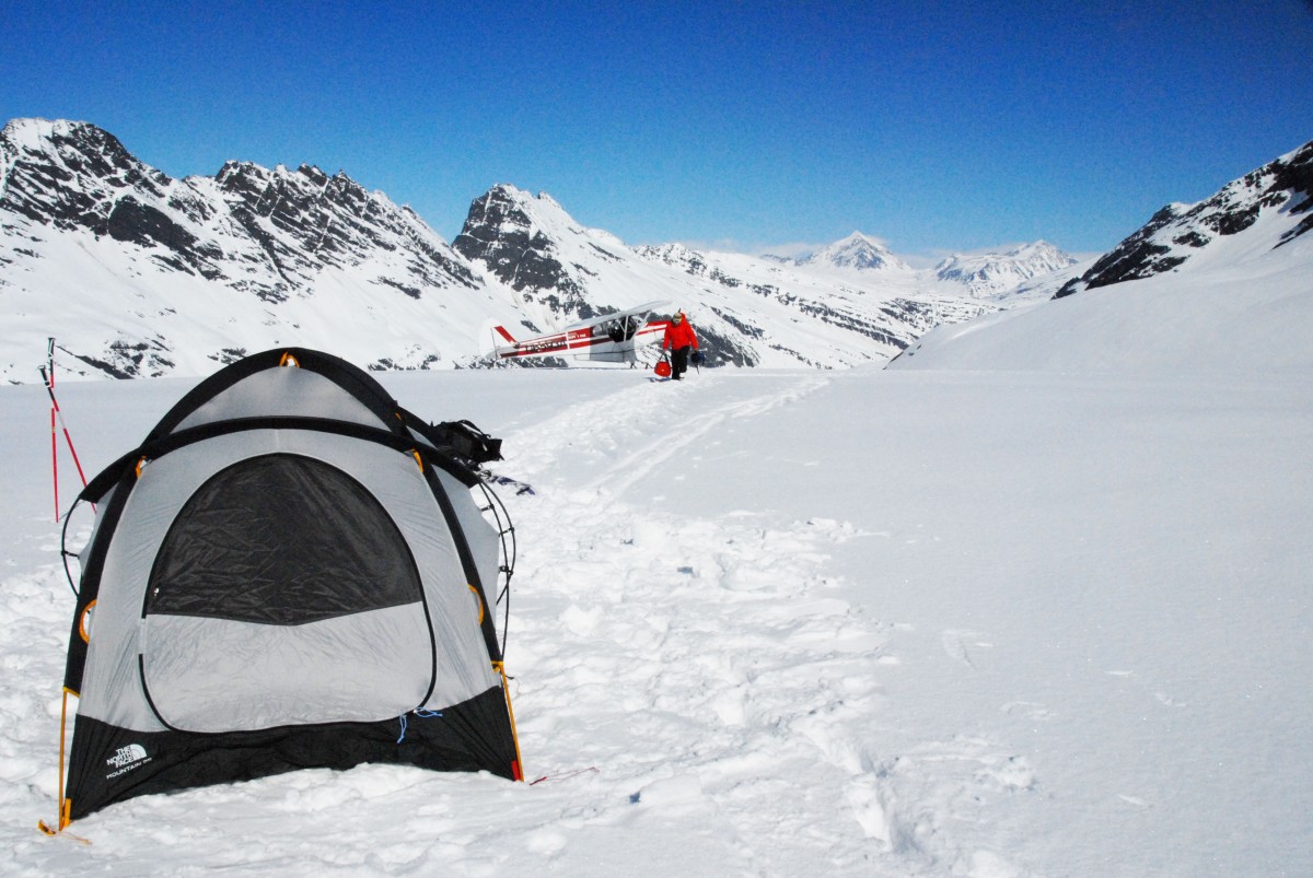 Getting the glacier ski camp setup at the Wall, Thompson Pass, Chugach Mountains, Valdez, Alaska.