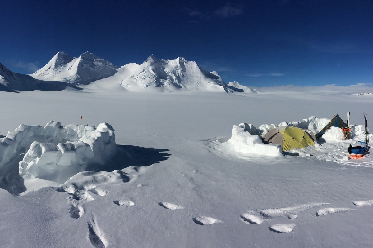 Base camp on the Chisana Glacier all set and in.