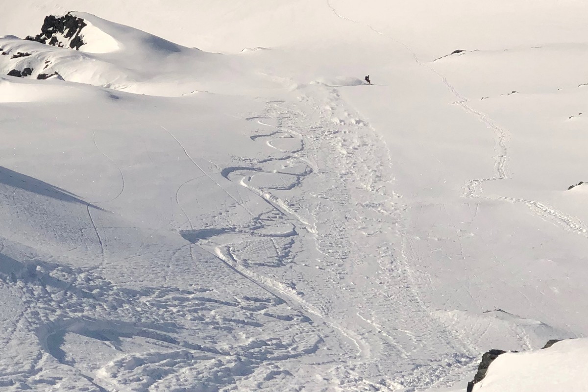 Looking down after carving some beautiful lines in the Chugach backcountry out of Valdez.