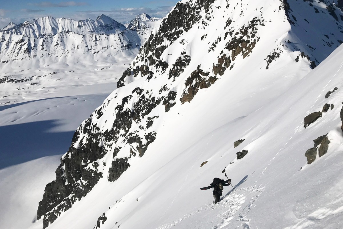 Climbing up to make some lines in the Turkey Zone, a glacier ski camp outside of Valdez, Alaska.