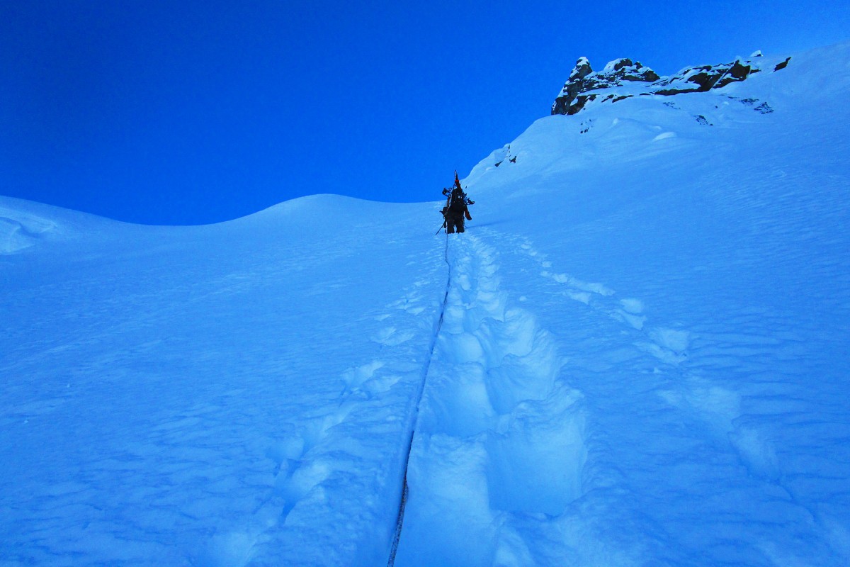 Climbing up before skiing down to our glacier ski camp, Valdez
