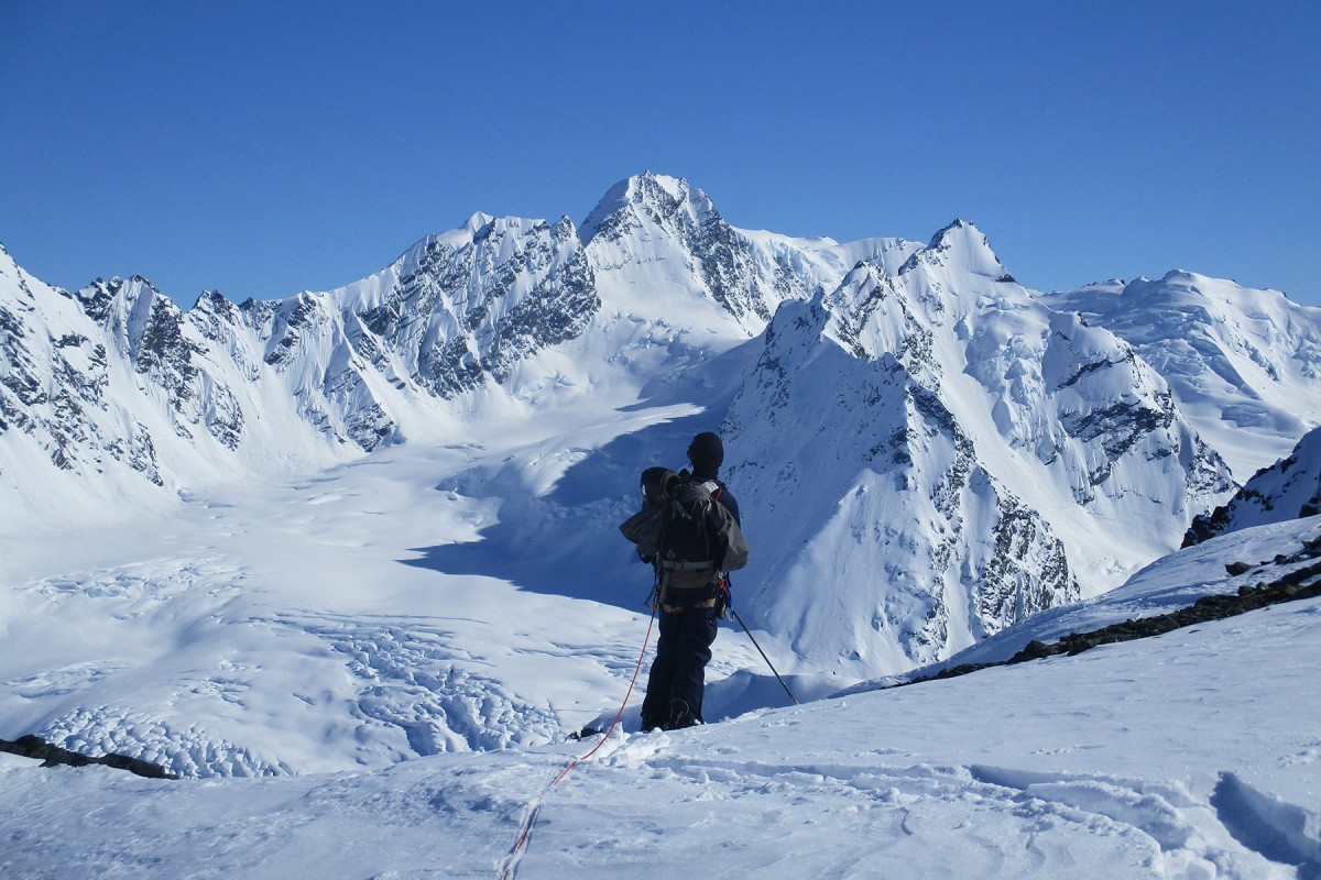 Over looking the grand expanse of Here He Comes glacier ski camp out of Valdez.