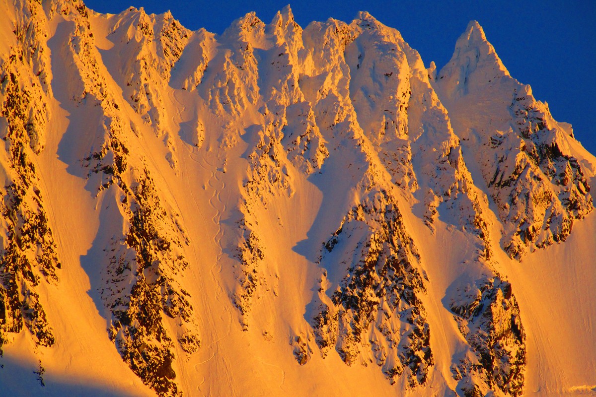 Little Pyramid, backcountry ski lines in the sunset.