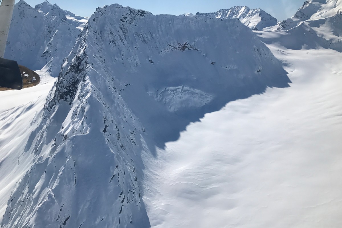 Looking down the ridge line of Pencil Pocket glacier ski camp, a Chugach Wrangell-St. Elias area zone from Valdez, Alaska.