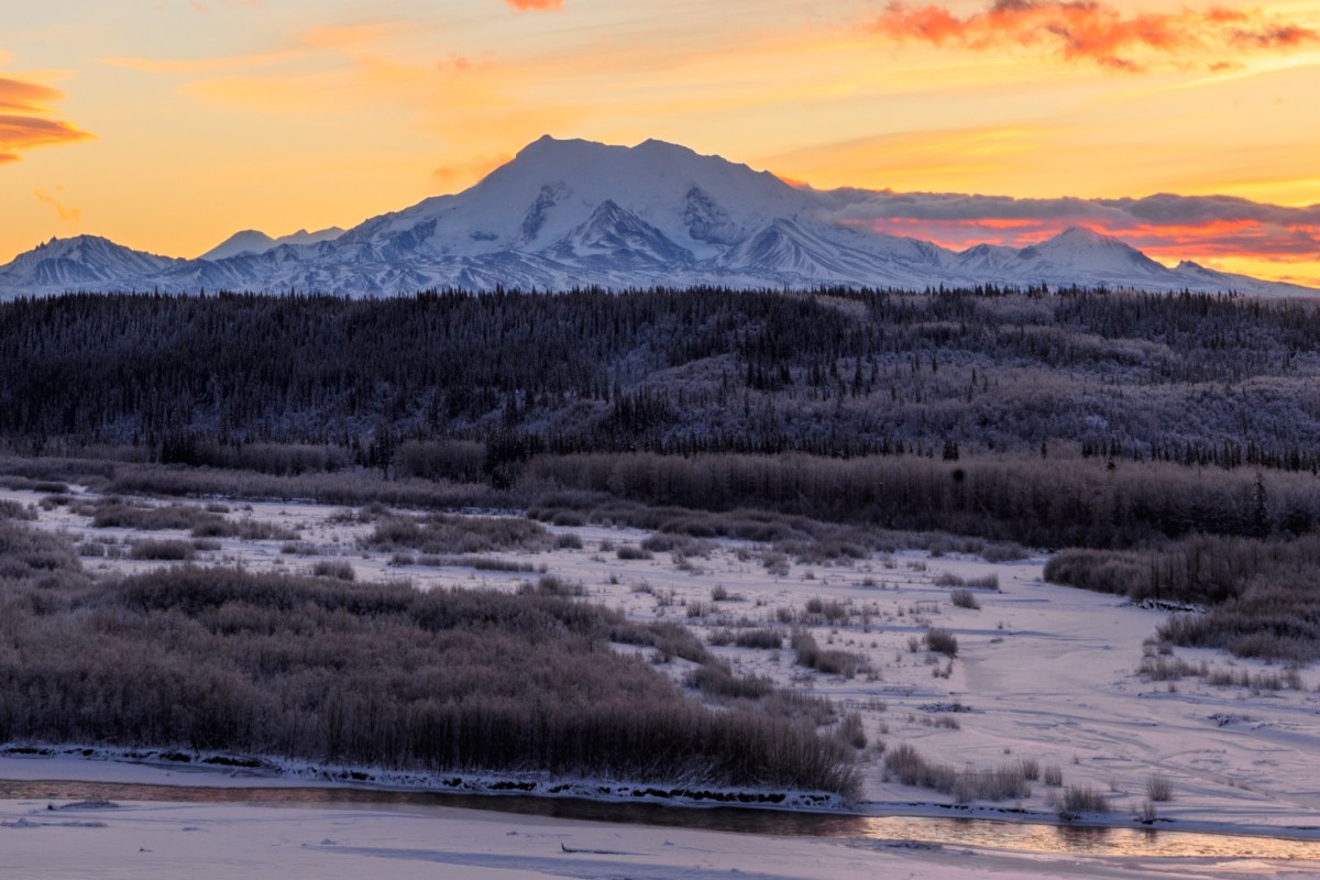 A view of Mt. Drum looming behind the Copper River. A great peak for mountaineering in the Wrangell-St. Elias National Park.