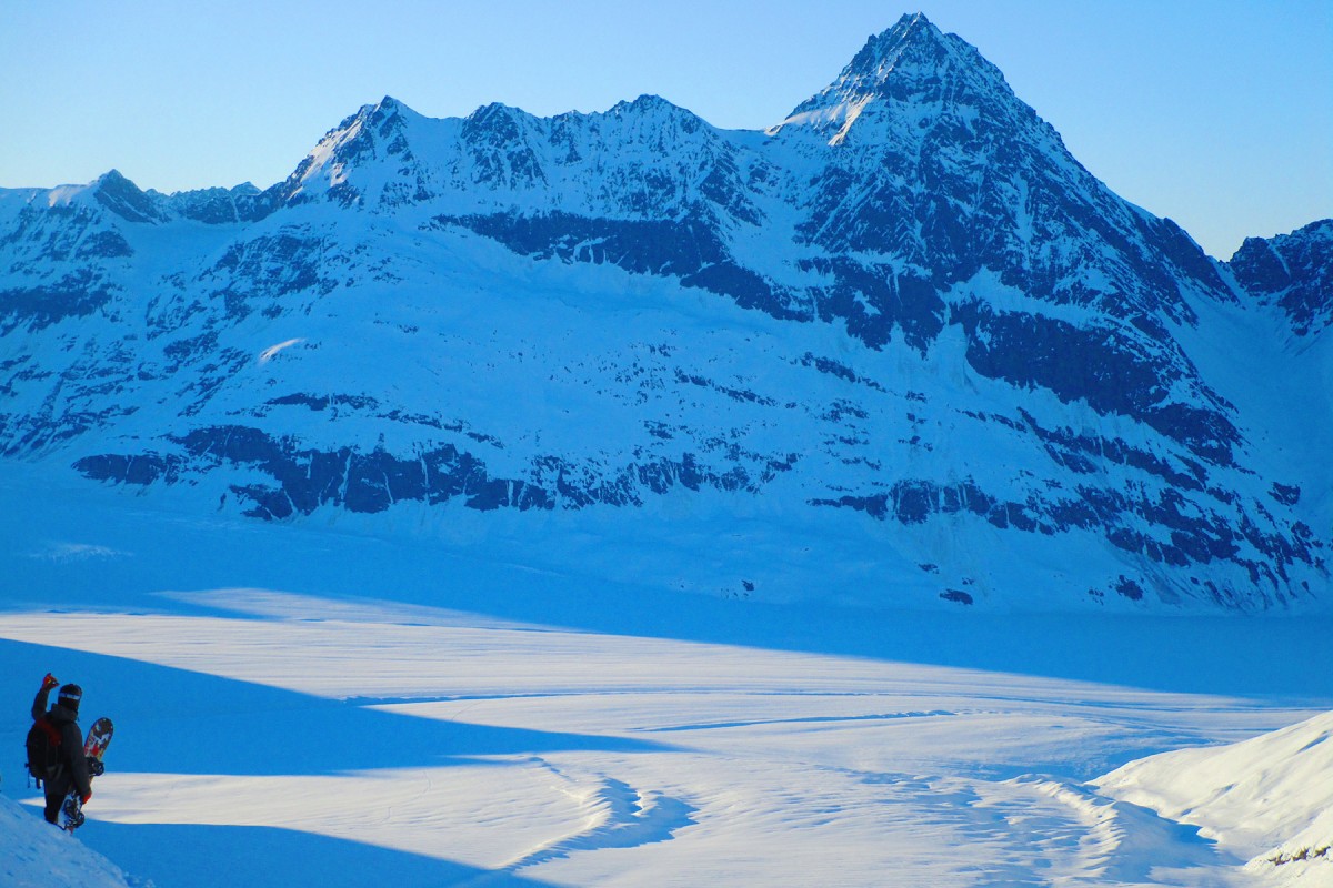 Looking out over the run out and open flats of Here He Comes, Valdez ski camps