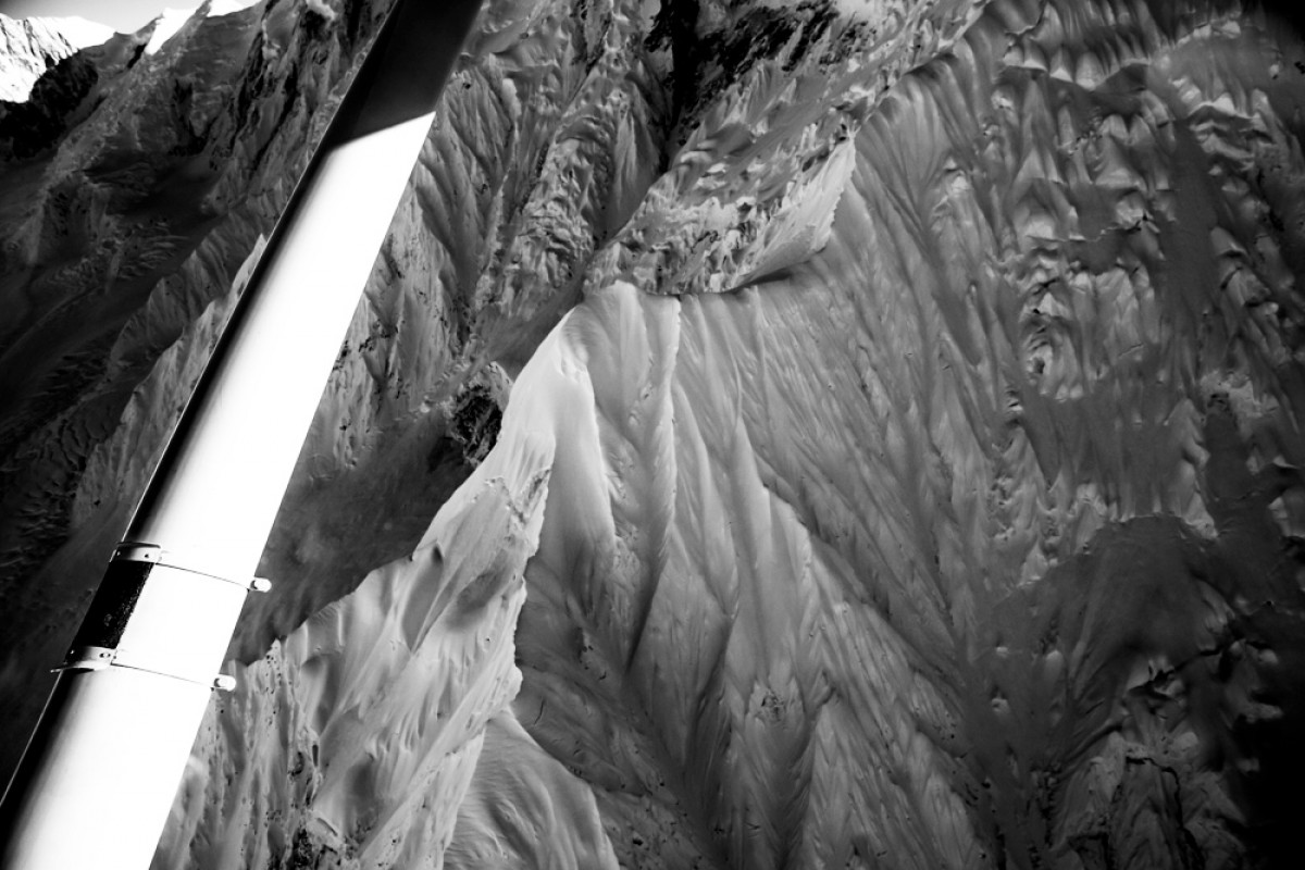 Looking down at the terrain for some of our Valdez, Alaska glacier ski camps.