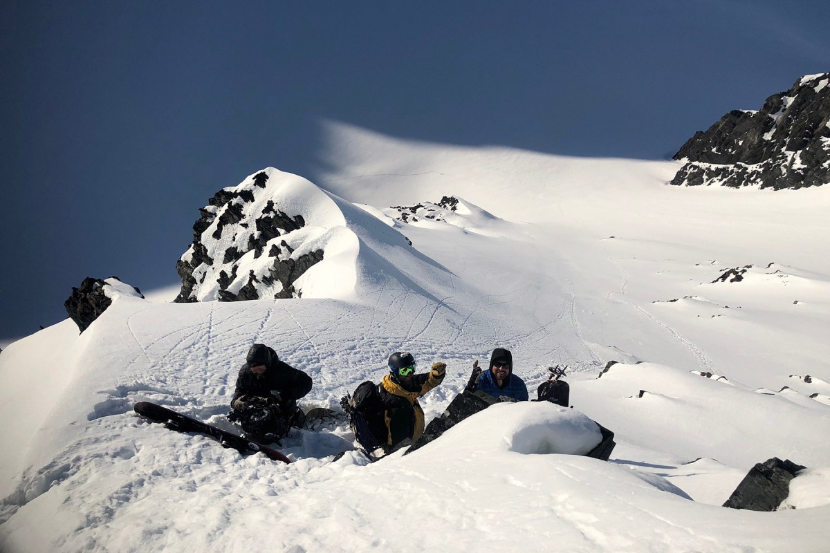 Everyone gets ready to make a ski run in the Turkey Zone near Valdez.