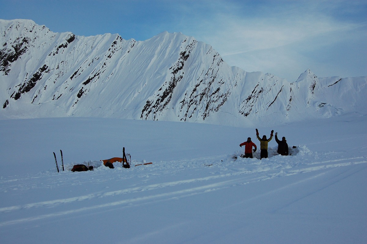 Everyone is all setup with their Alaska glacier ski camp at Rhett Face, out of Valdez, in the Chugach mountains.