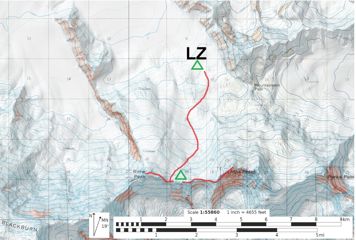 A map of the summit route of rime peak