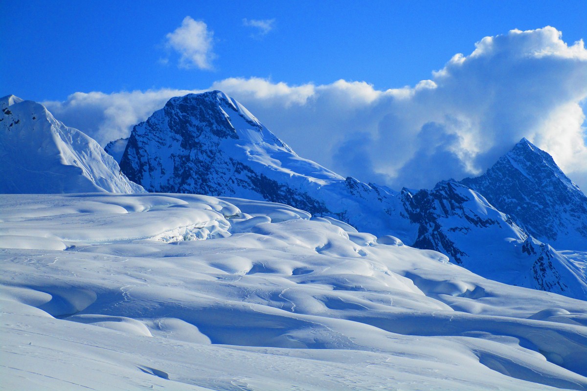 Looking out at the terrain of Here He Comes, our Chugach mountains glacier ski camp near Valdez.