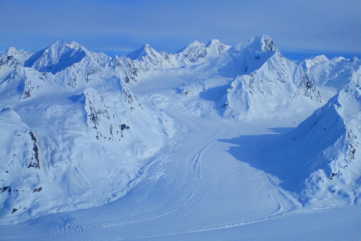 Looking out over glacier ski camp Here He Comes in the Chugach.