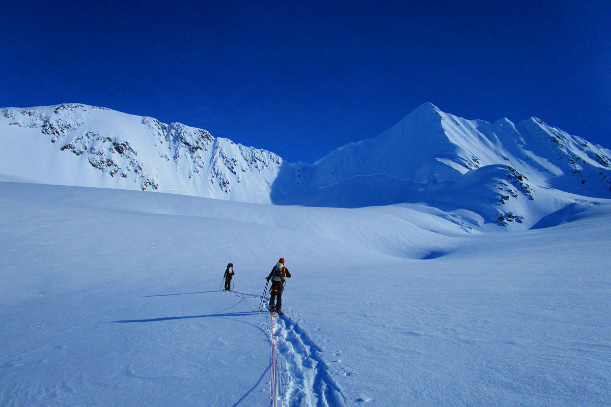 Skinning out to Pyramid from the glacier ski camp.