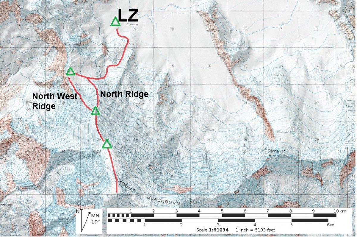 The route map to climbing Mt. Blackburn