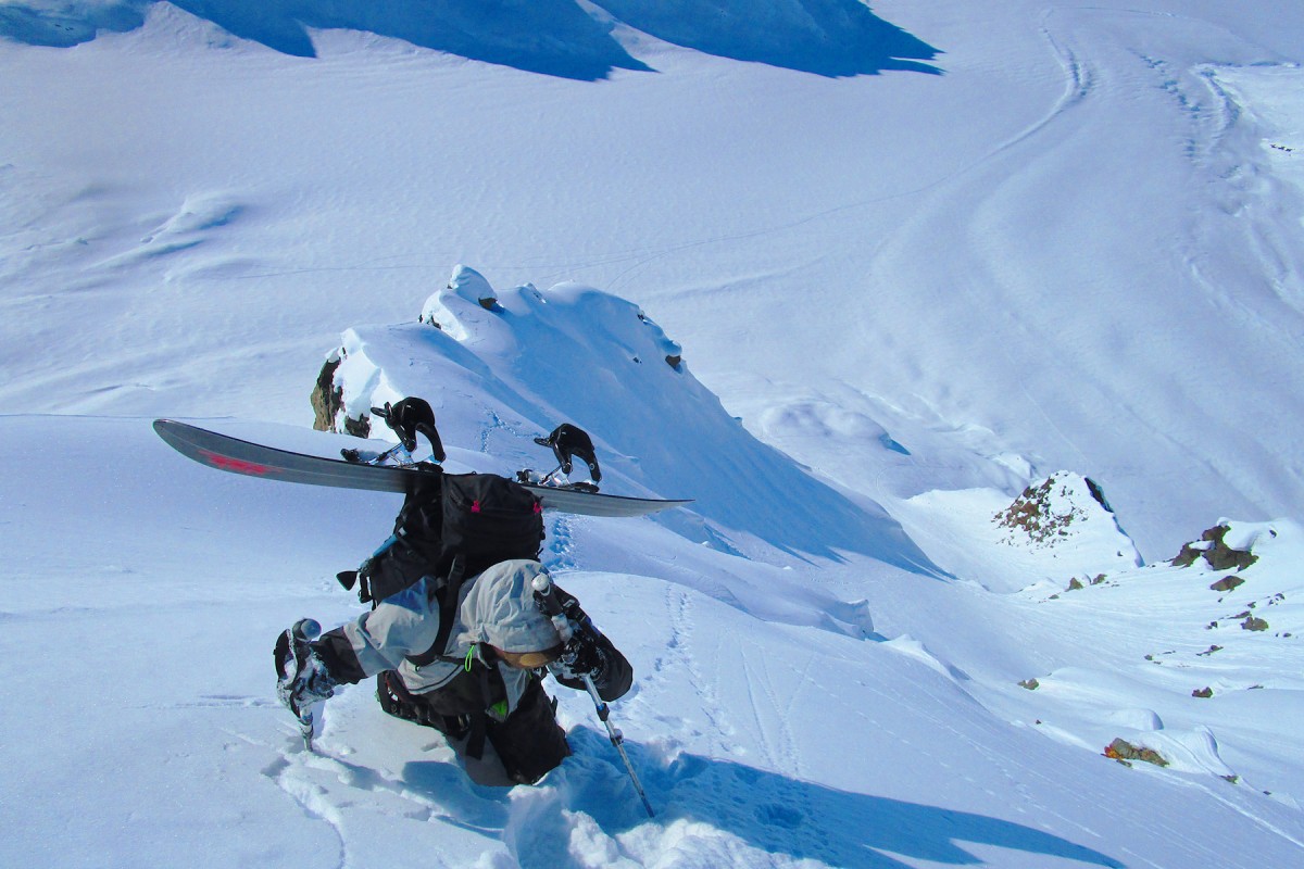 Making the approach climb in Here He Comes, Valdez ski camps in the Chugach Mountains.