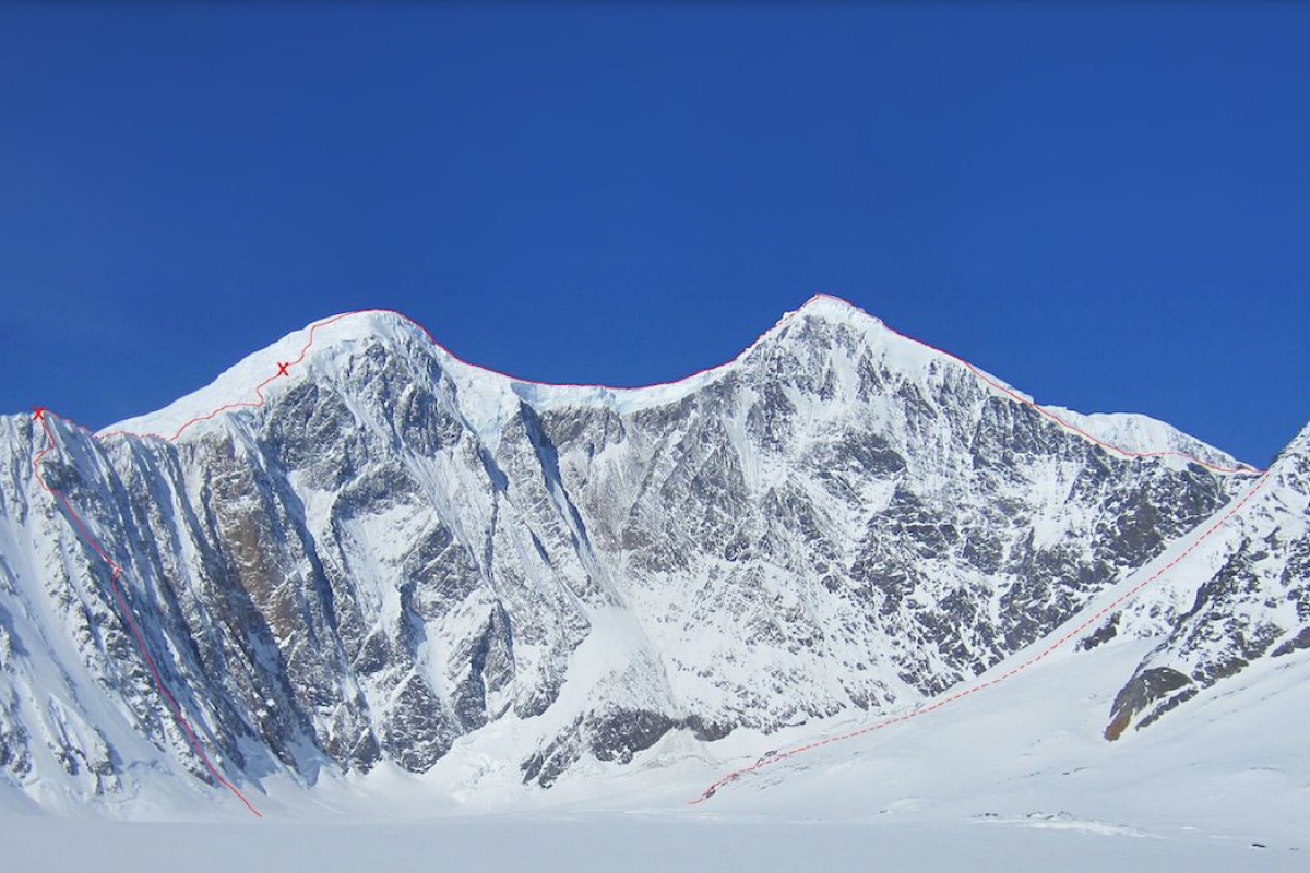 Looking at the route Thicker Than Thieves on Mt. Hayes, in the Alaska Range.