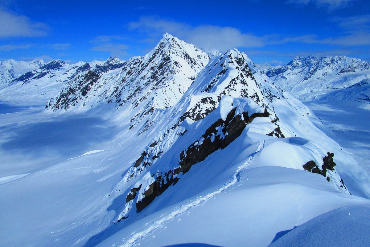 Tracks while getting to the good near The Wall ski camp, Valdez.