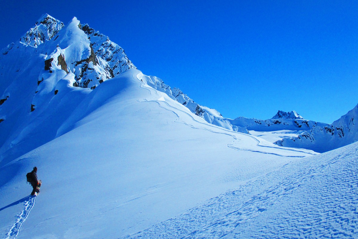 Up at the ridge about to make a classic Valdez ski run out of Here He Comes.