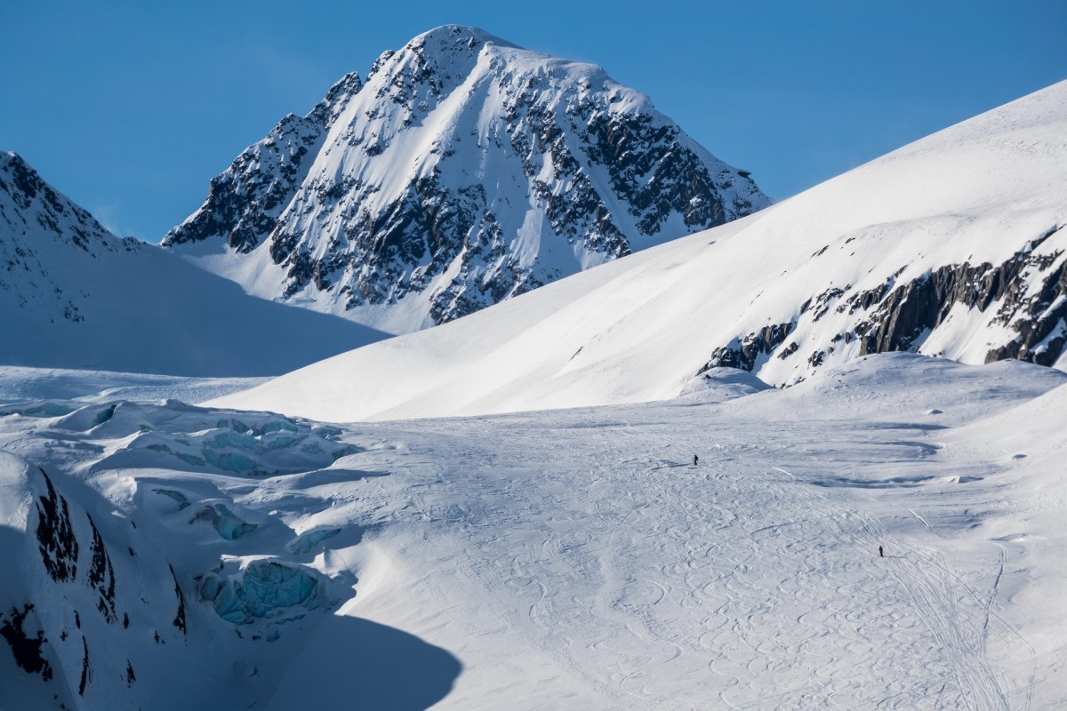 Ski lines cover the face of Worthington Glacier towards the end of the ski season on Thompson Pass in the Chugach mountains.