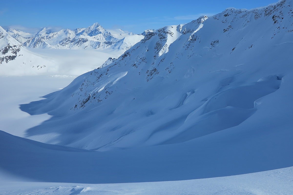 Looking down DV zone in the Valdez Glacier ski camp area