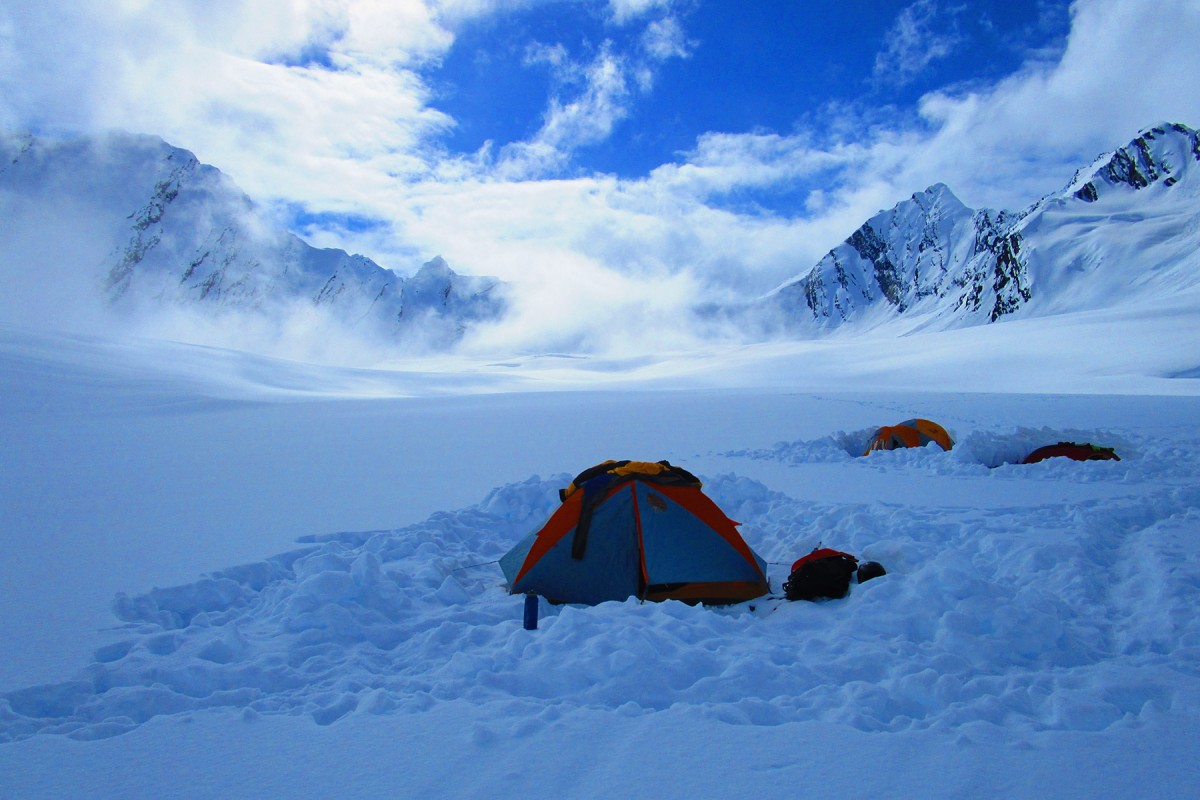 Glacier ski camp all setup and ready to go ride at The Wall, Chugach Mountains, Valdez