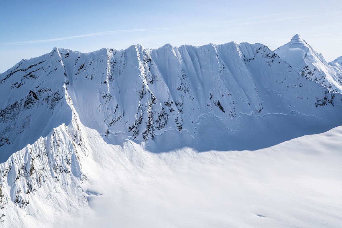 Alaska glacier ski camp zone, Pirate Spines, in the Wrangell-St. Elias National Park vicinity.